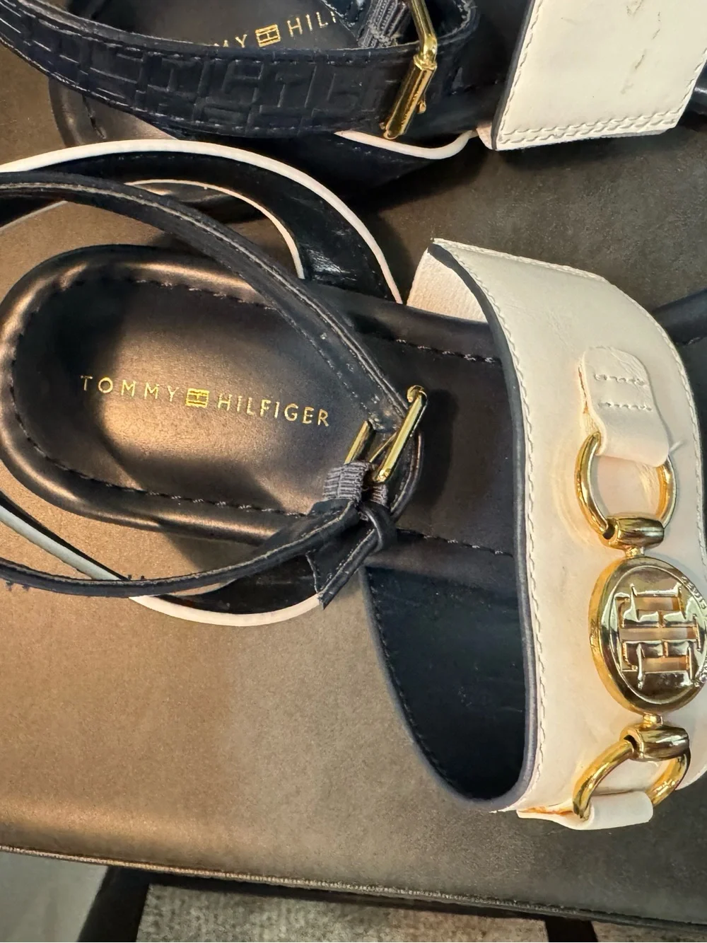 Tommy Hilfiger Black and White Gold-Logo Ankle Strap Sandals